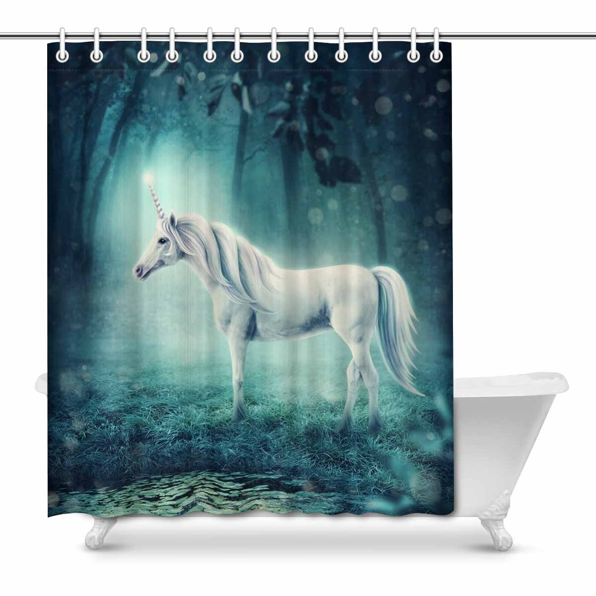 MKHERT White Unicorn in a Dark Forest House Decor Shower Curtain for