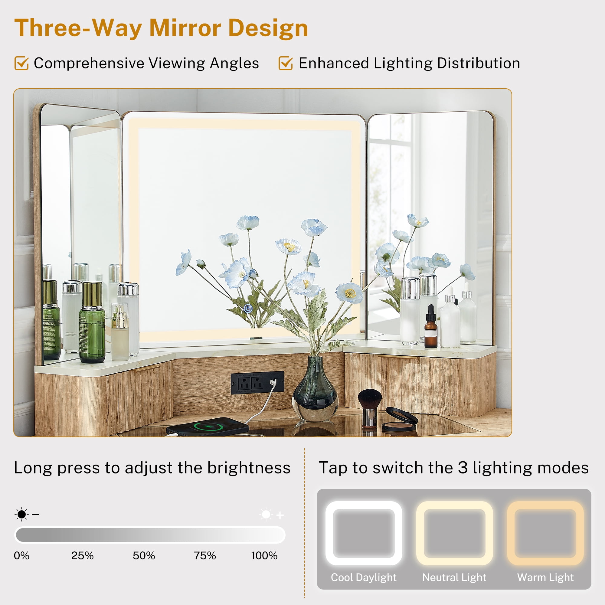 OKD 48" Fluted Makeup Vanity Desk with HD Triple Mirror and Lights, Modern Corner Vanity with 3 Drawers & 2 Cabin ets, Charging Station - Natural Oak