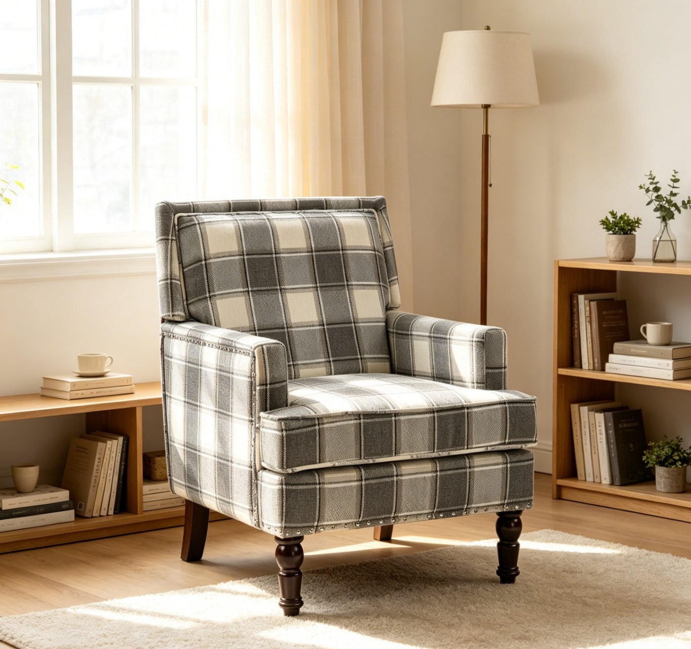 Upholstered Accent Chair with Nailhead Trim, Vintage Striped Linen Armchair, High-Density Foam Reading Chair with Solid Wood Legs for Living Room, Bedroom, Home Office, Antique Grey