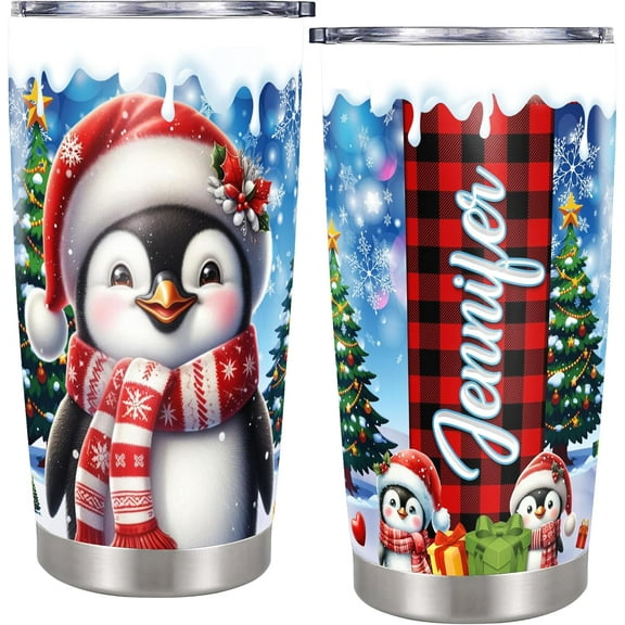 Personalized Penguin Christmas Tumbler 20oz Insulated Cup Stainless Steel Double Wall Vacuum Travel Mug Coffee Custom Name Thermos Xmas Holiday Gifts for Men Women Teens Family