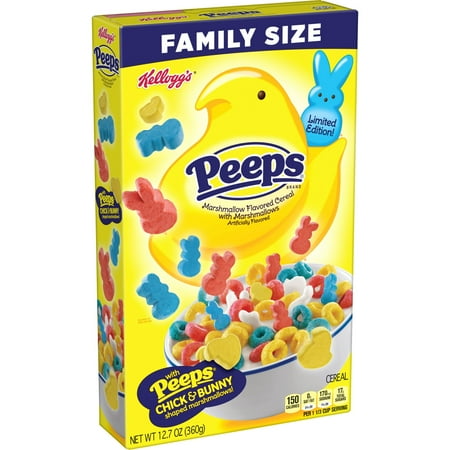 Kellogg's Peeps Breakfast Cereal, 8 Vitamins and Minerals, Kids Easter Snacks, Family Size, Original with Marshmallows, 12.7oz Box (1 Box)