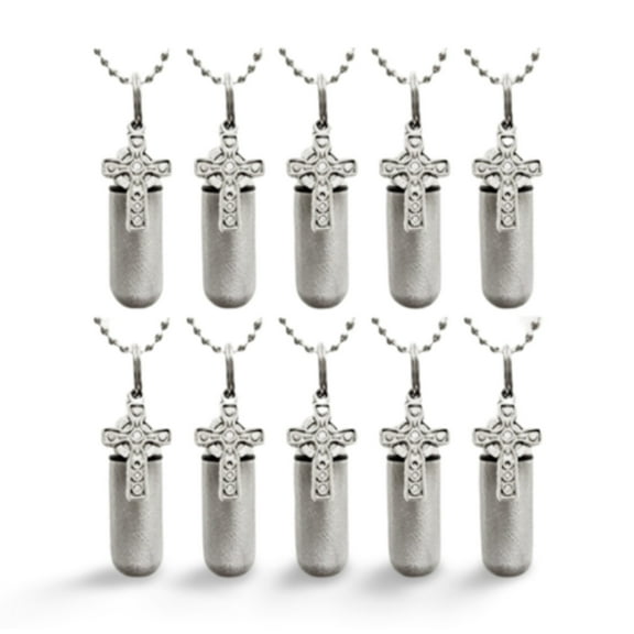 Wholesale Set of TEN - Brushed Silver CELTIC CROSS CREMATION URN Necklaces with ENGRAVED Hearts - Includes 10 Velvet Pouches, 10 Ball-Chains and and Fill Kit