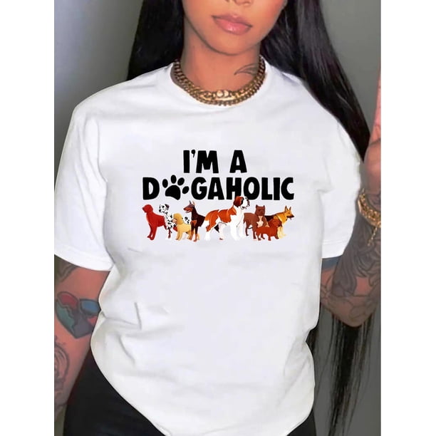 Camiseta De Mujer Camisetas Femeninas Verano Estampado De Ropa Casual Con Cuello RedondoWomen's "I'm a Dogaholic" Graphic Tee - Casual & Comfy Round Neck Short Sleeve, Breathable Polyester-Spandex B