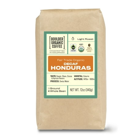 Boulder Organic Decaf Honduras Organic & Fair Trade Single Origin Whole Bean Coffee, Light Roast, 12 oz. Bag, Roast to Order