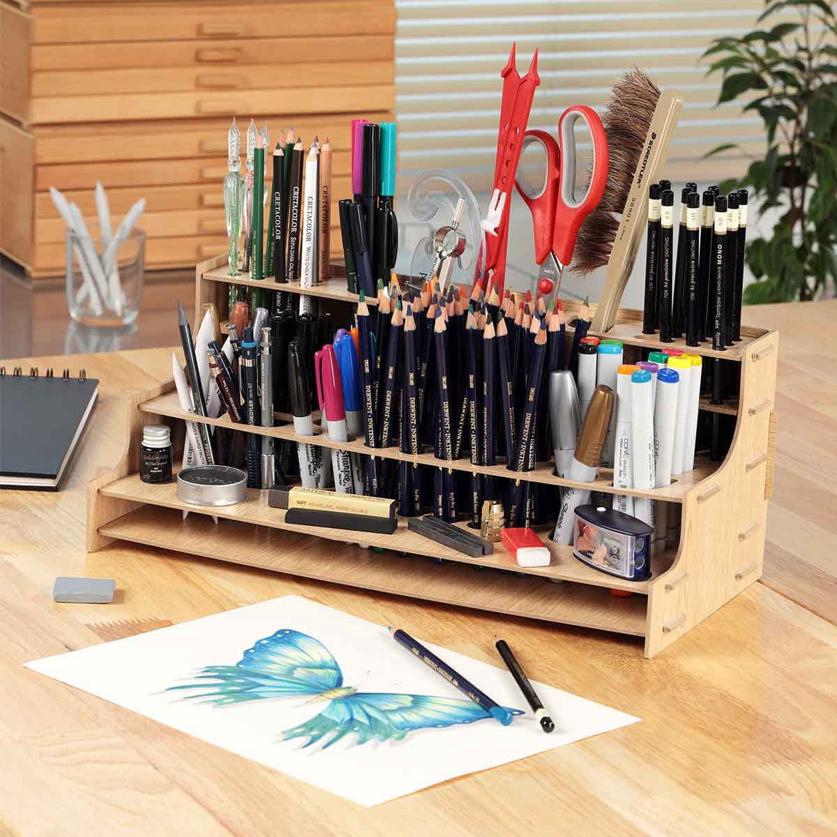 Mezzo Artist Drawing Rack - Wood Grain Laminate Multi Layer Desk Stand Professional Storage Display Organizer for Pens, Pencils, Drafting and all other Drawing Tools