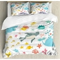 thumbnail image 1 of Ocean King Size Duvet Cover Set, Whale Squid Sea Lion Shark Jellyfish Clownfish Dolphin Starfish Stingrays Colorful, Decorative 3 Piece Bedding Set with 2 Pillow Shams, Multicolor, by Ambesonne, 1 of 3