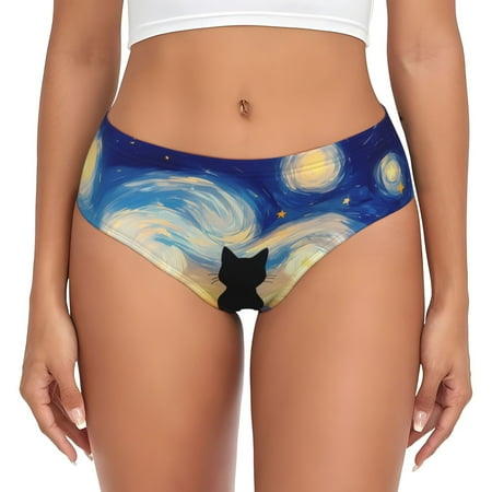 Naloa Cat Under Starry Skies Womens No Show Cotton Underwear Mid-High Waisted Soft Ladies Panties Strech Breathable Briefs -4X-Large