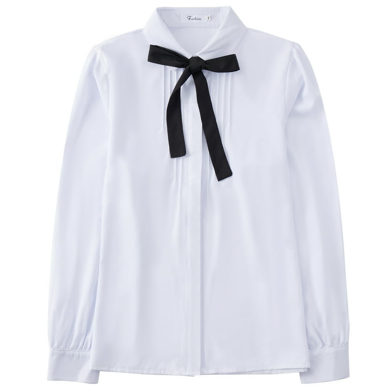 White Chiffon Ribbon Formal Shirts for Women for Women - Elegant V-Neck Pullover Top with Long Sleeves, Bow Detail, and Loose Fit