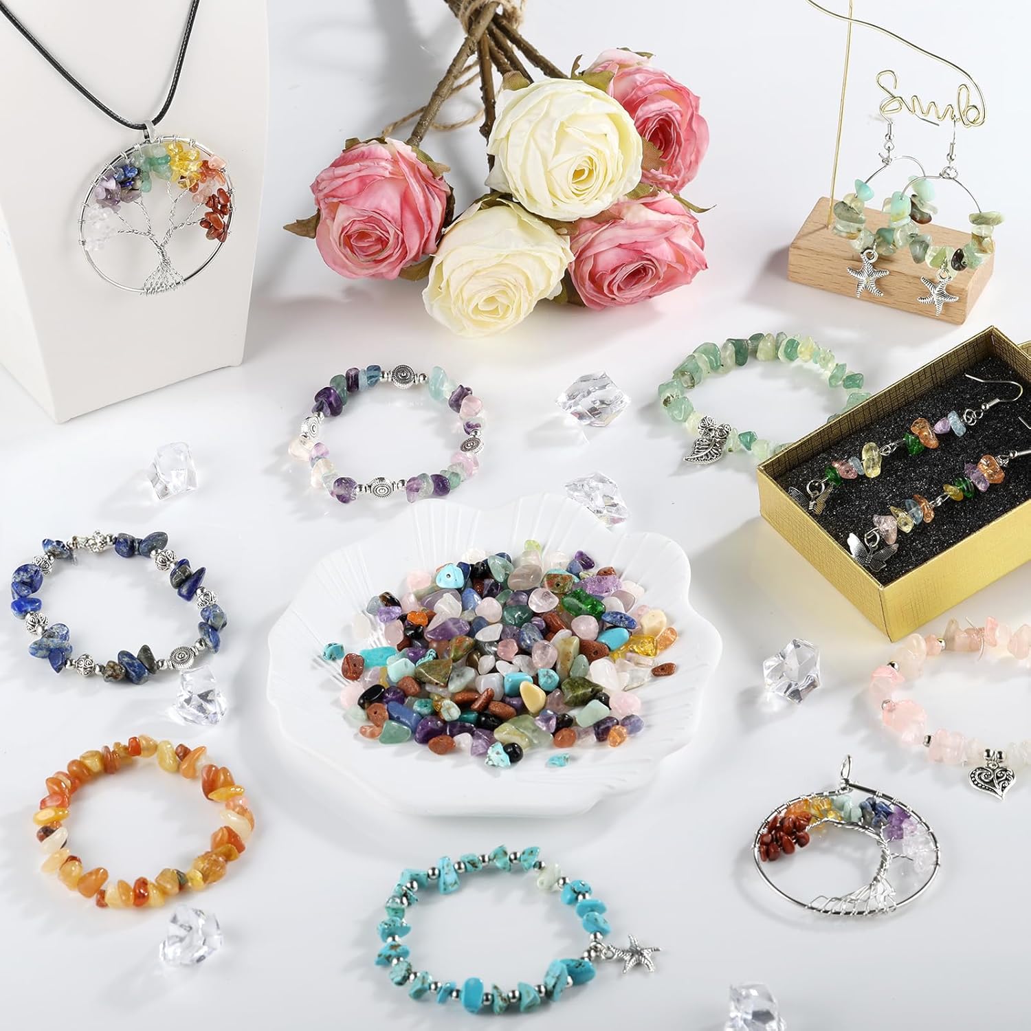 32 Colors Crystal Beads for Jewelry Making,1200 Pcs Natural Stone Beads Bracelet Making Kit Adults 5-8mm Irregular Crystals and Gemstones Chips for Bracelet Necklace Earring DIY Craft