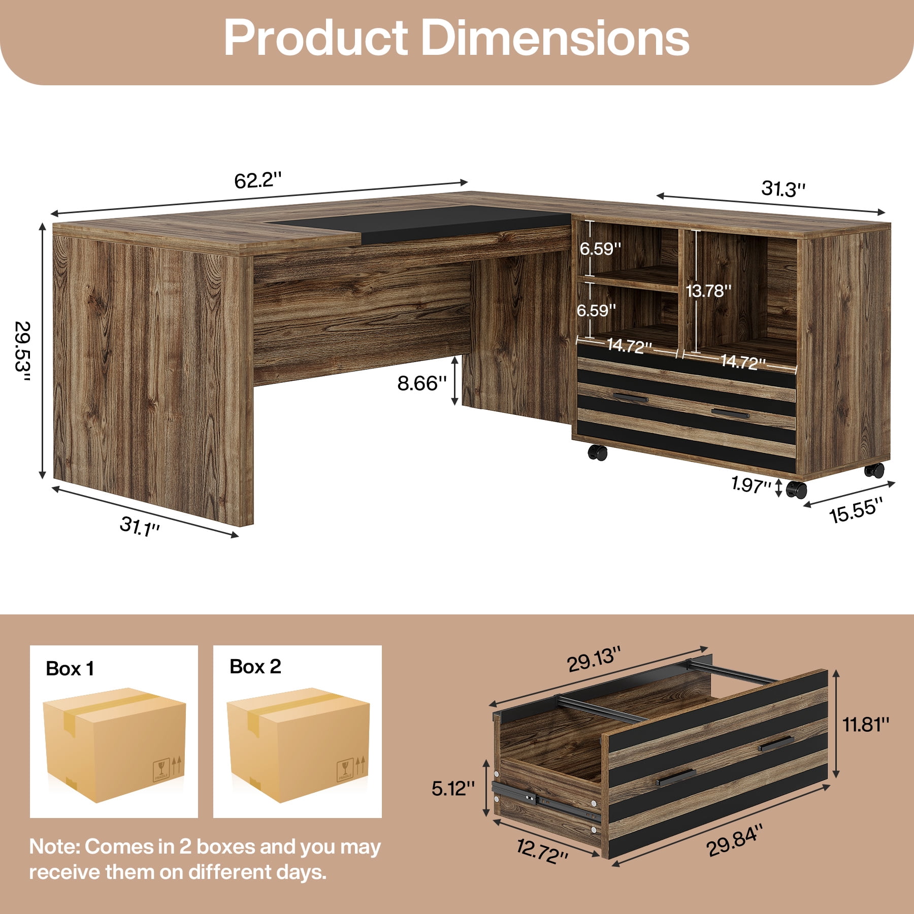 Tribesigns 62.2" Executive Desk with Storage Shelves, L-Shaped Office Desk with Mobile File Cabinet, Large Office Desk for Home Office, Light Brown