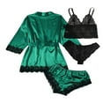 thumbnail image 4 of Women 4pcs Silk Satin Pajama Set Lace Trim Top Drawstring Shorts Belted Pajamas Outfit with Robe, 4 of 5