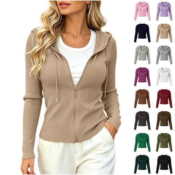 Xaqiouau Women's Ribbed Zip Up Hoodie Slim Fit Long Sleeve Hooded Jacket Lightweight Stretch Knit Full Zip Sweatshirt Casual Fall Winter Outerwear
