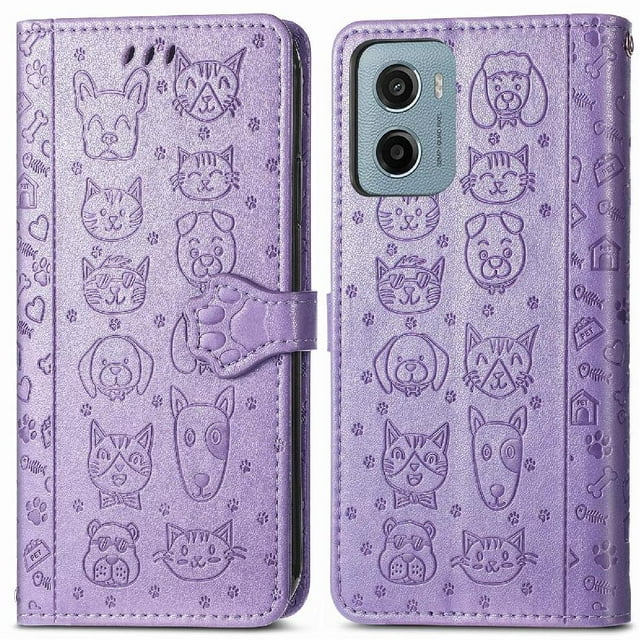 Funda Cartera FOXDOCK para Motorola Moto E15 , Flip PU con Relieve de Gatos y Perros, Tarjetero y Soporte