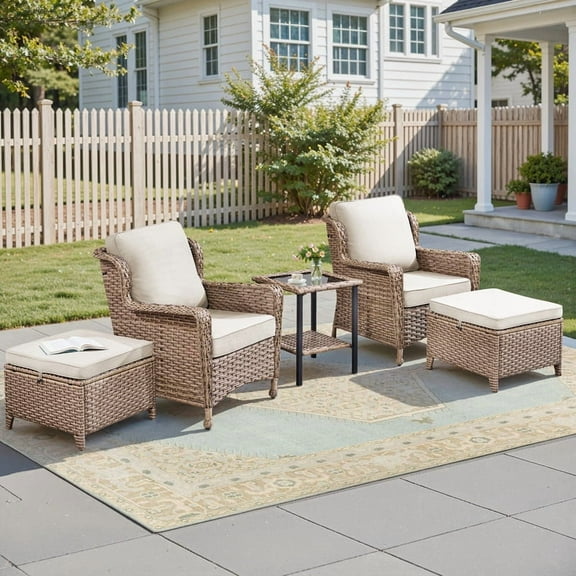 5 Piece Wicker Patio Chairs and Ottomans Set, Outdoor Rattan Furniture Sets with Glass Top Side Table for Balcony Backyard Porch, Beige