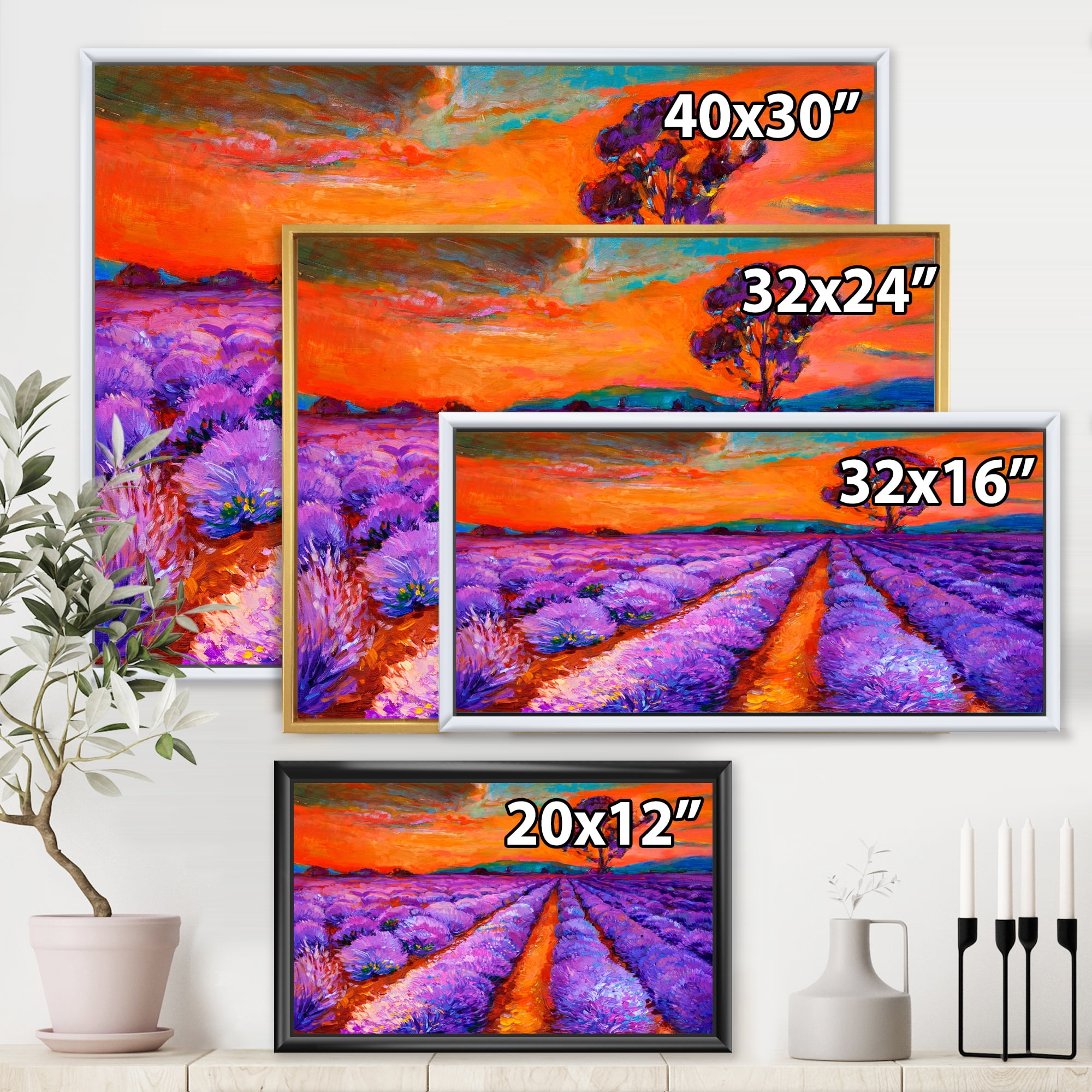 Designart 'An Orange Sunset Over Purple Lavender Fields I' Farmhouse Framed Canvas Wall Art Print