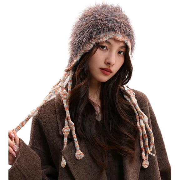 AKcxy Women's Colorful Crochet Beanie Cap Cute Tassel Ear Flaps Knit Y2k Trapper Hat Faux Fur Winter Warm Skull Hat