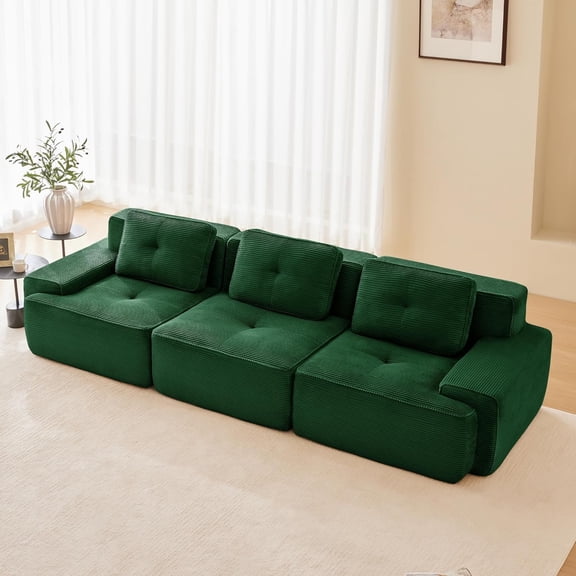 YWEN Boneless Couch Modular Sectional Sofa, 117" Modern Cloud Couch with Deep Seat, Comfy Corduroy Sectional Couches for Living Room, 3 Seater Tufted Floor Sofa with Anti-Slip,No Assembly, Green