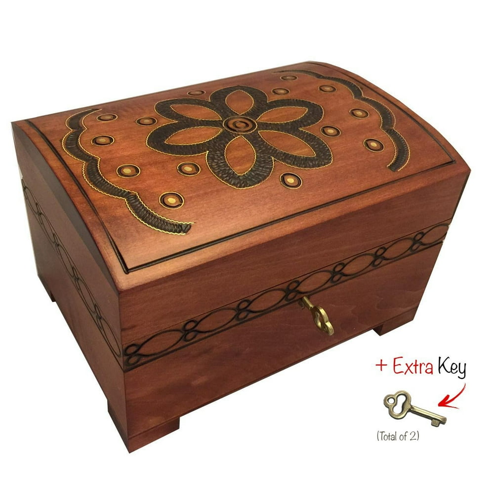 Polish Art Center Handmade Floral Wooden Chest Box w/ Lock and Key Flower Jewelry Keepsake Box