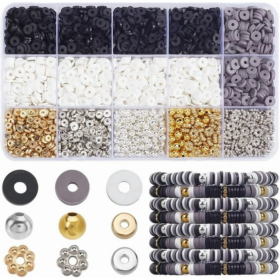 1 Set 1 Box 2800Pcs Black and White Clay Beads Kit 6mm Friendship Bracelet Making Kits Disc Heishi Flat Round Gold Silver Flower Spacer Beads for Jewelry Bracelets Making Accessories DIY Crafts
