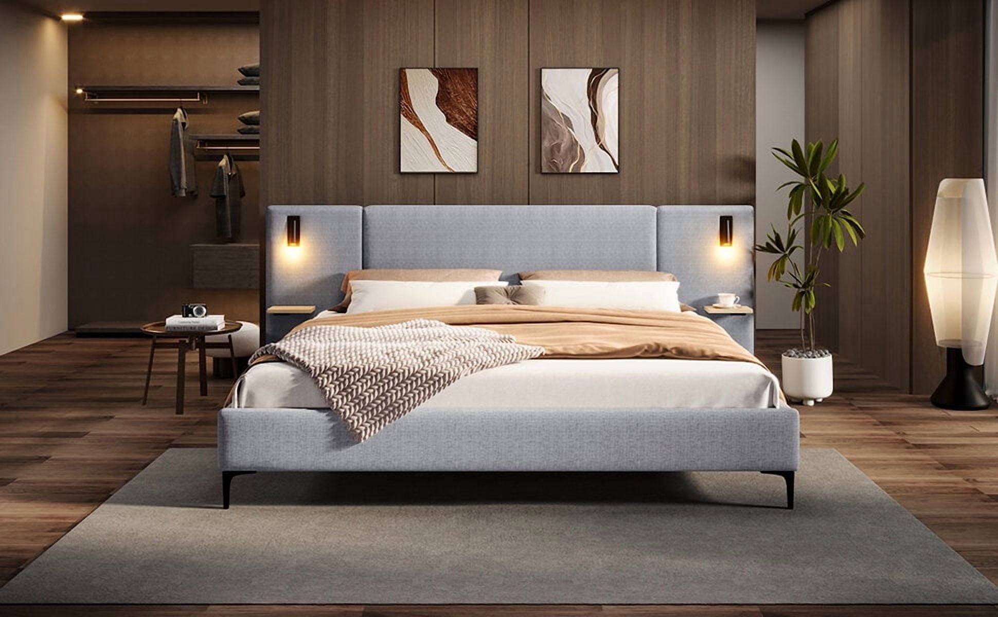 Bed Frames Chic Linen Upholstered Bed with Integrated Lights and Shelves, Grey, Queen,Adjustable Bed Base