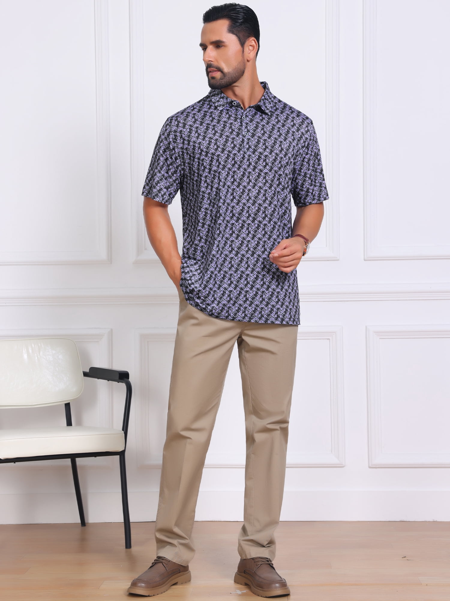 DARING DIVA Men's Printed Short Sleeve Lightweight Breathable Polo Shirts M Dark Purple