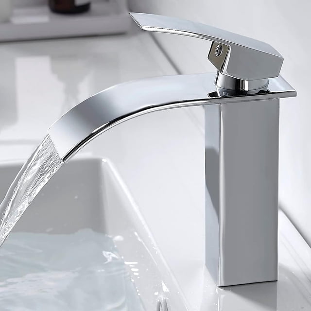 Grifo de baño en cascada moderno, grifo de lavabo en cascada de diseño elegante, grifo mezclador de baño de latón, agua fría y caliente disponible, grifo en cascada cromado