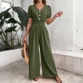 thumbnail image 5 of Staron Women's Casual Short Sleeve Jumpsuit Button V-Neck Wide Leg Romper Pants with Pockets Solid Color Comfy Relaxed Summer, Army Green XXL, 5 of 7