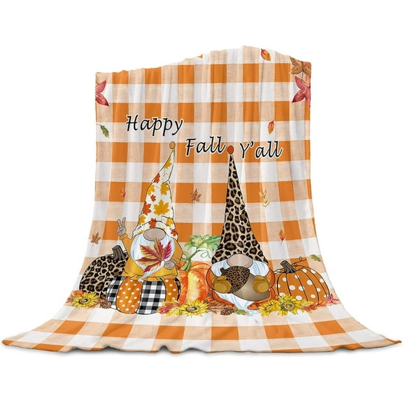 Fall Flannel Fleece Throw Blanket for Sofa Couch Bed Thanksgiving Leopard Pumpkins and Gnomes Orange Buffalo Check Soft Cozy Lightweight Blanket for Adults/Kids 39x49inch