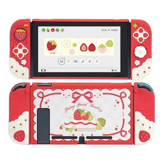 GeekShare Protective Case for Nintendo Switch Console Joycon Cover Thumb Grips Spring Strawberry