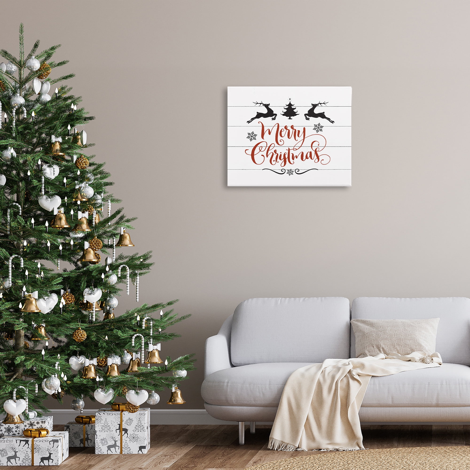 The Stupell Home Decor Collection Holiday Merry Christmas Elegant Reindeer Black White and Red Typography Oversized Stretched Canvas Wall Art, 24 x 1.5 x 30