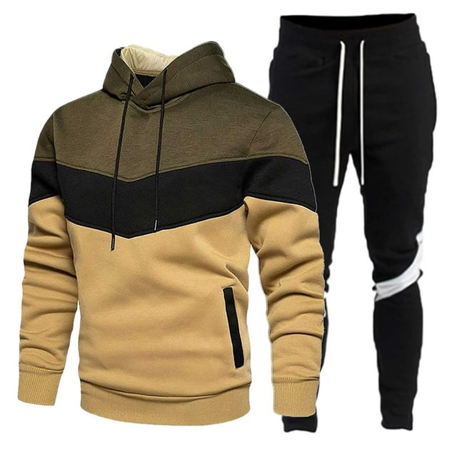 toraway Autumn Mens Sets 2 Piece Outfits Summer 4X Male Hooded Sweatshirt and Sweatpants Two Piece Sweatshirt Set with Color Block Design L