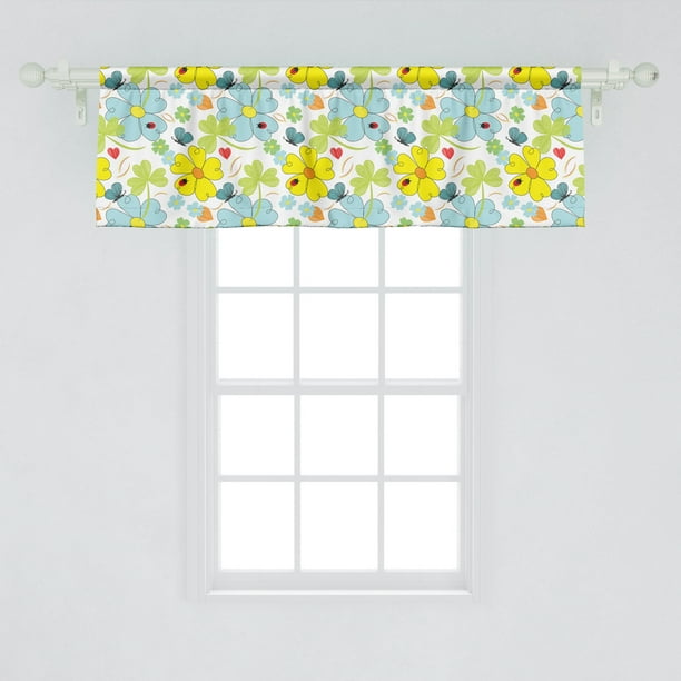 Ambesonne Yellow and Blue Window Valance, Daisies and Shamrock Flowers with Hand Drawn Style Hearts and Ladybugs, Curtain Valance for Kitchen Bedroom ...