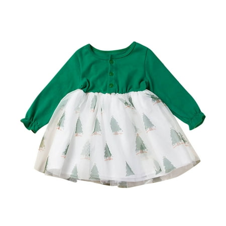 

NECHOLOGY for Baby Girl Toddler Baby Kids Girls Christmas Trees Prints Tulle Mesh Dress with Sleeves for Girls Dress Green 3-4 Years