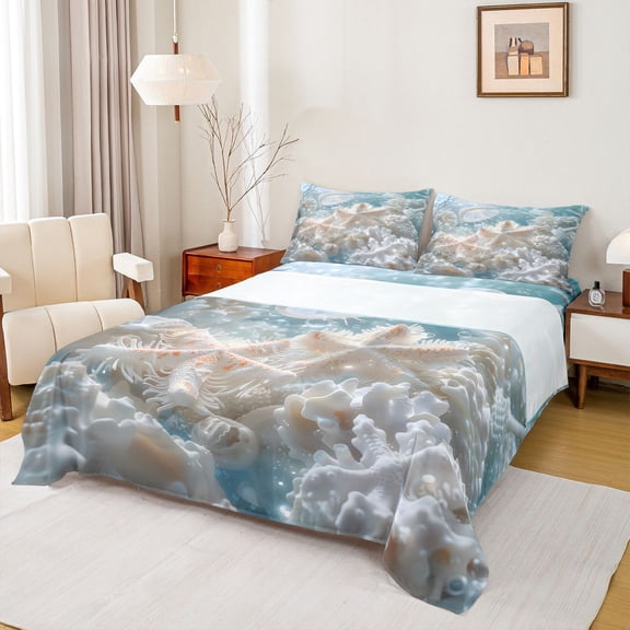 spefrowx 3D Underwater White Jellyfish Bed Sheets for Teens, Pale Aqua Sculpted Spotted Starfish Coral Full Size Sheets, 4-Piece, 1 Flat Sheet, 1 Fitted Sheet and 2 Pillowcases
