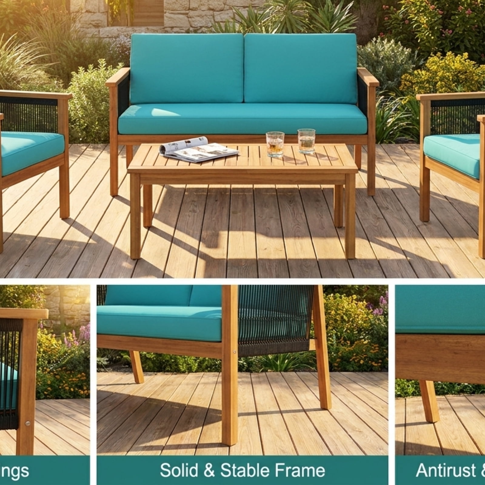 Biotree 4 Piece Acacia Wood Patio Furniture Set outdoor conversation set with cushions and coffee table for garden backyard and porch, Turquoise