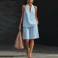 thumbnail image 2 of Qwertyu Linen Short Sets for Women 2 Piece Outfits V Neck Halter Tank Tops Knee Length Bermuda Shorts Beach Loungewear Set Light Blue S, 2 of 6