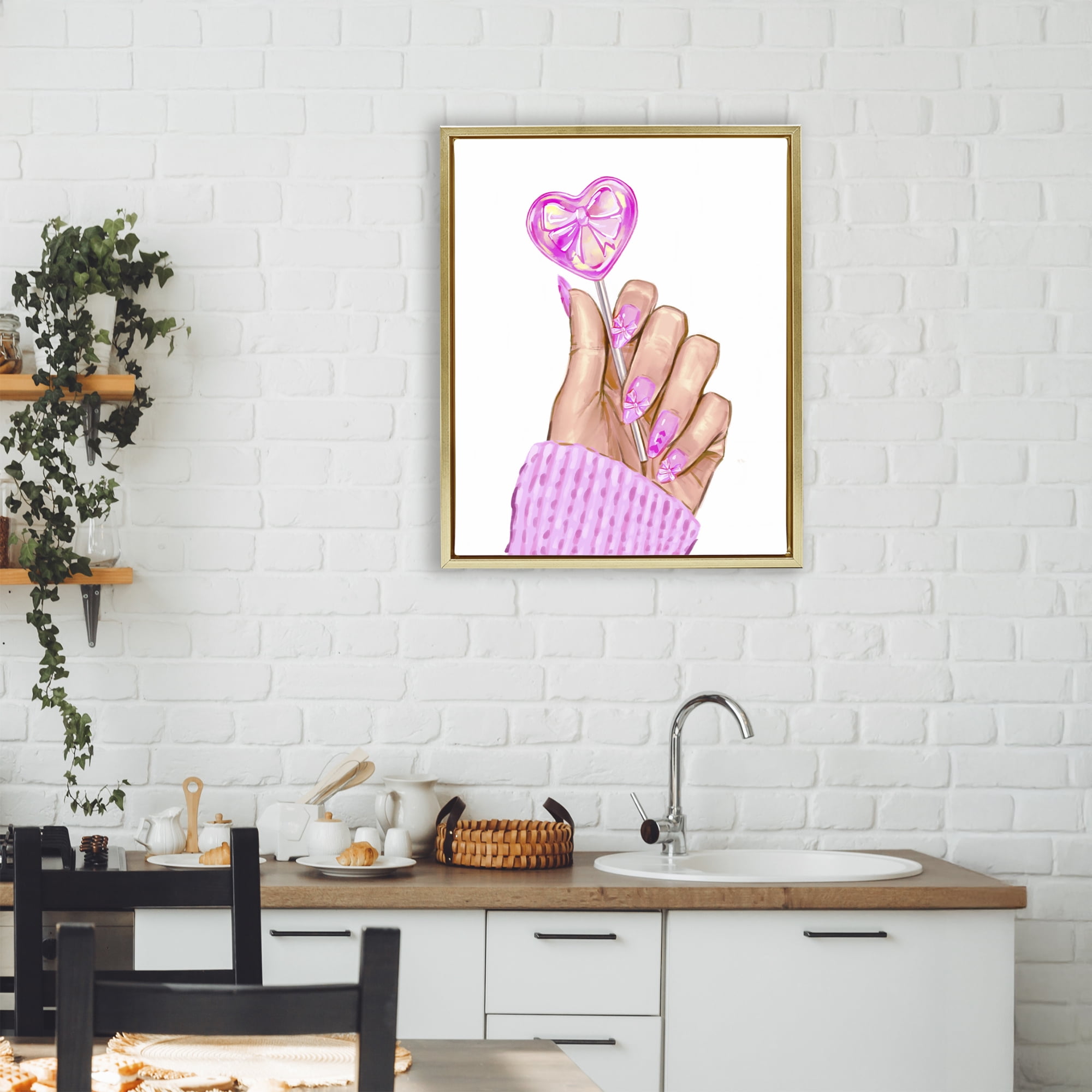 Pink Fashion Bow Lollipop Gold Framed Floater Canvas Wall Art, design by Ziwei Li