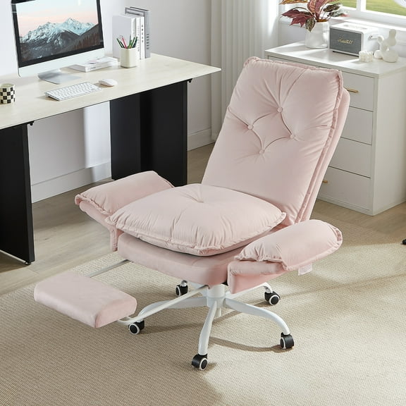 Bestier Big and Tall Executive Office Chair with Flip-up Arms for Adult, Wide Seat Ergonomic Computer Desk Chair,High Back Velvet Comfy Cross-Legged Office Chair with Footrest and Side Pockets, Pink