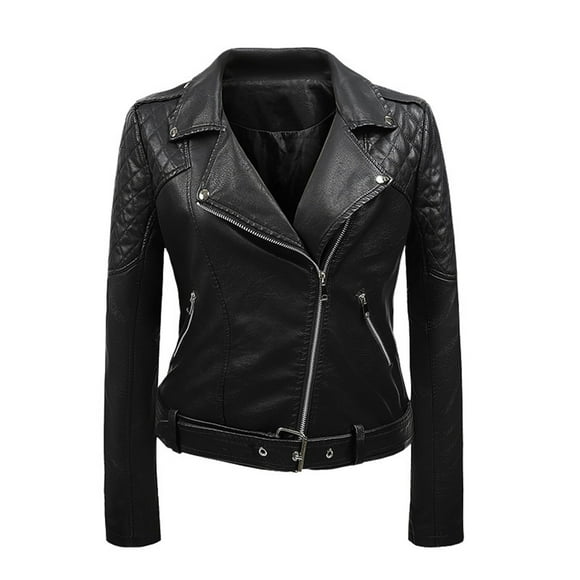 CEHVOM Women's Leather Lapel Slim Fitting Motorcycle Jacket Leather Jacket Clearance