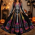 thumbnail image 2 of Skeleton Dress Long Sleeve V Neck Maxi Halloween Dresses for Women Spooky Skull Rose Gothic Festival Party Outfit, 2 of 4