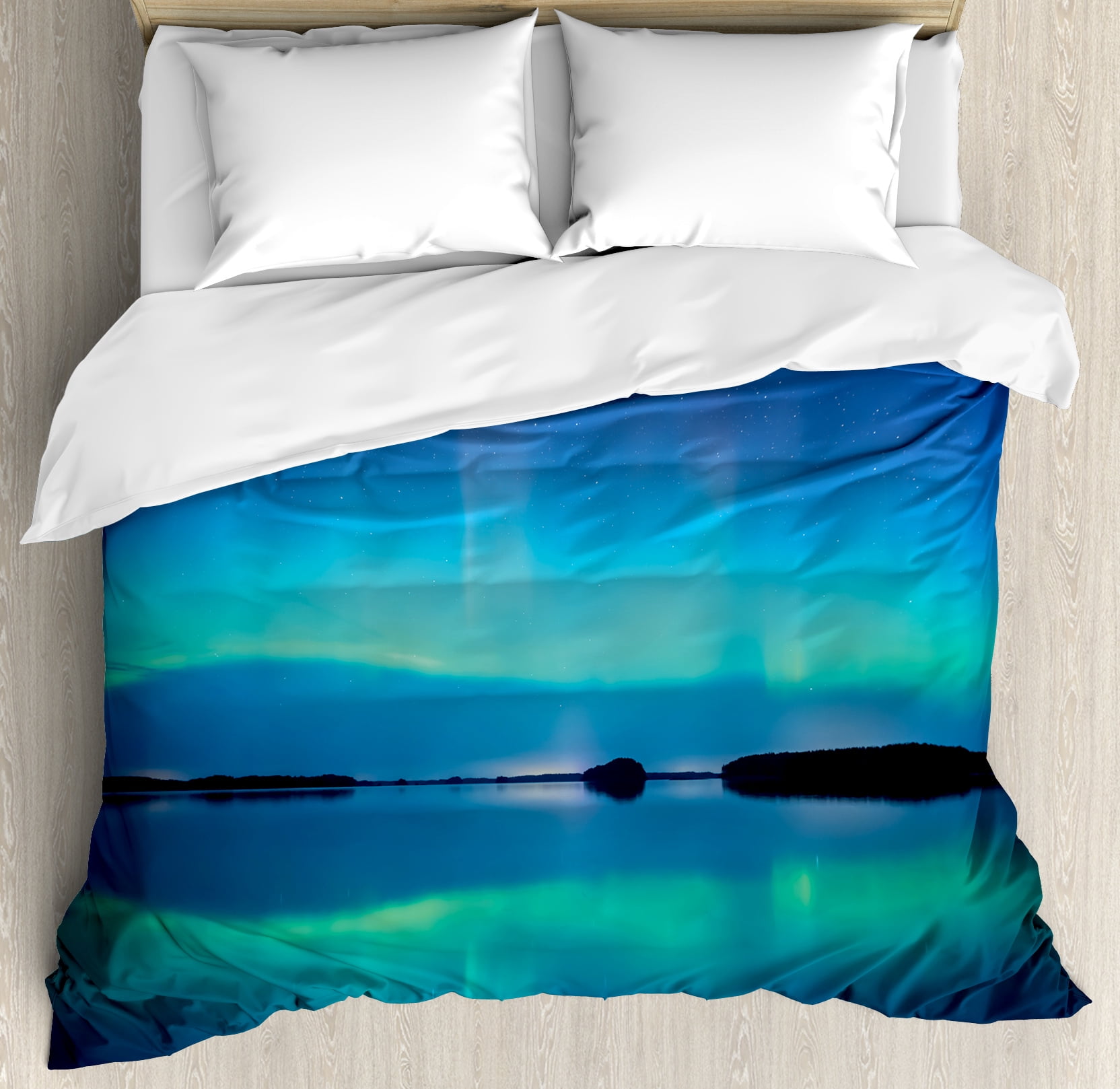 Aurora Borealis Duvet Cover Set Unusual Sky Scenery Over Calm