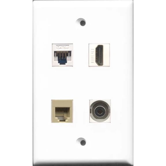 RiteAV - 1 Port HDMI and 1 Port Phone RJ11 RJ12 Beige and 1 Port 3.5mm and 1 Port Cat5e Ethernet White Wall Plate