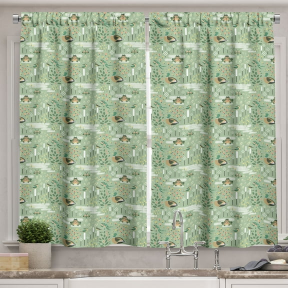 Ambesonne Botanical Kitchen Curtains, Pond Animals Flowers Art, 55"x39", Pale Green Almond and Tan
