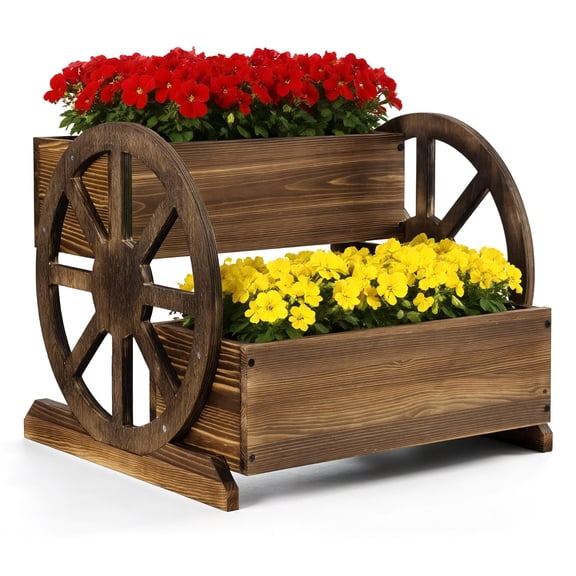 QISHENSHUI Country-Style Farmhouse Wooden Wagon Planter Box Double Layer Garden Rack – Perfect for Displaying Flowers & Herbs and Boosting Garden Visual Appeal