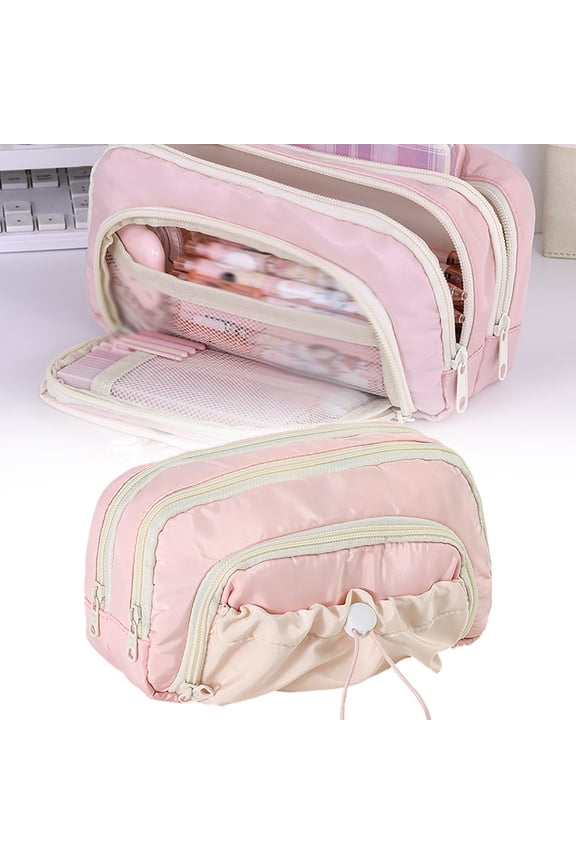 Big Capacity Pencil Case, Drawstring Stationery Pouch, Handheld Pen Bag, 5 Compartments, Dustproof Canvas Material, Pink