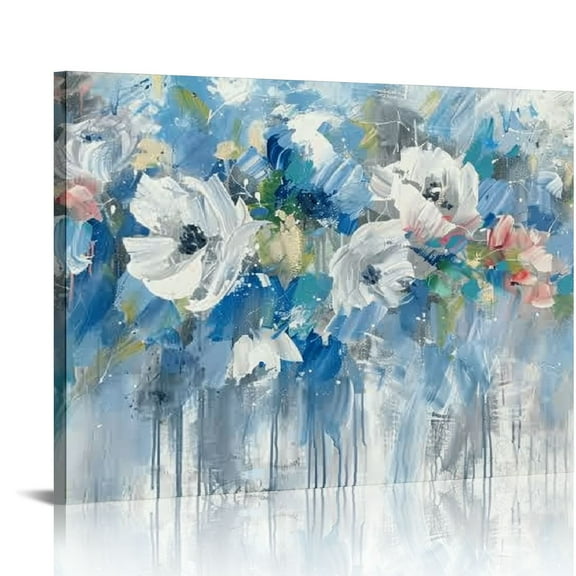 JRXY Living Room Flowers Wall Art - Blue Gray Abstract Floral Picture on Canvas Prints for Office Bedroom Walls Decor with Wood Framed 20x16in