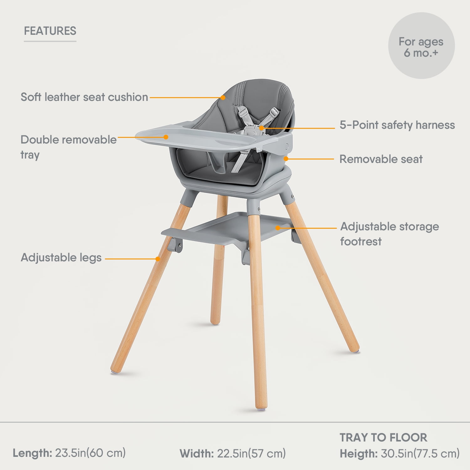 11-in-1 Convertible High Chair for Baby, Wooden Baby Booster seat & Toddler Chair with Double Tray, Clean Easily & PU Cushion.White