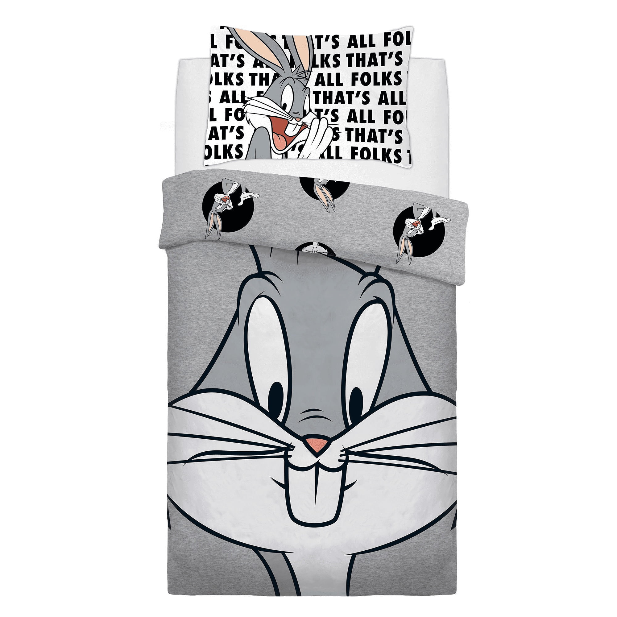 Official Looney Toons Bugs Bunny Reversible Grey Single Duvet Cover Bedding Set 