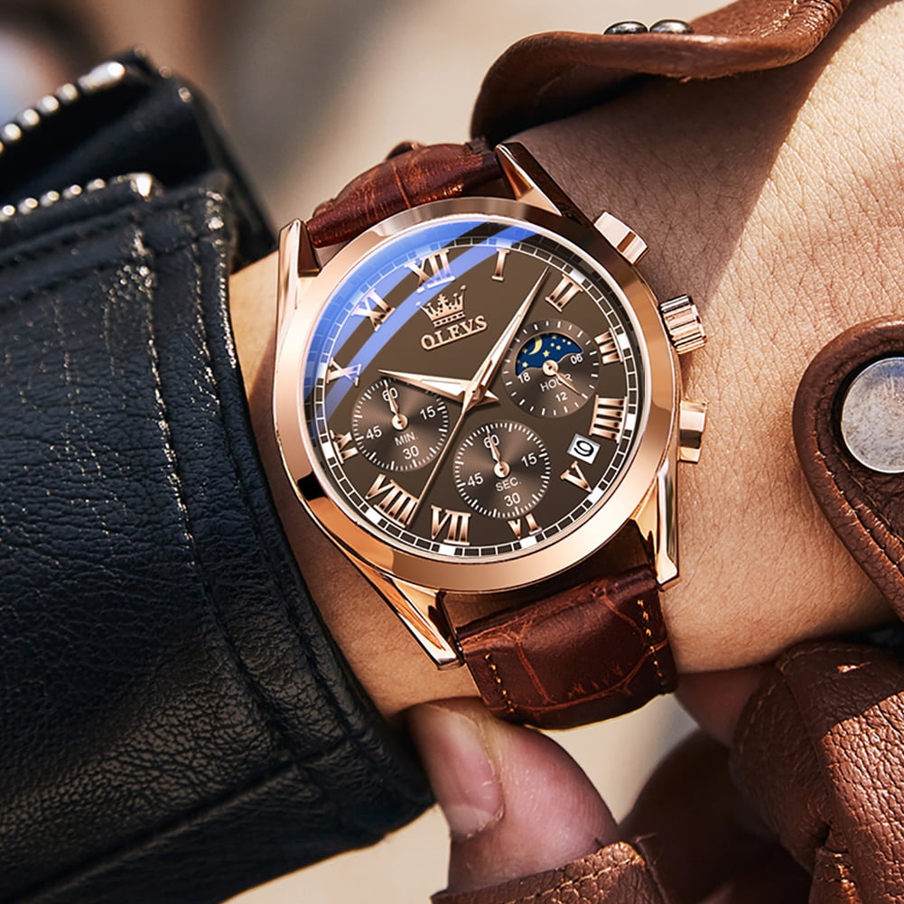 OLEVS Mens Watches Luxury Chronograph Moon Phase Waterproof Luminous Brown Leather Strap Date Rose Gold Classic Watch for Men