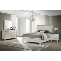 Beautiful Lustrous White Cream Finish Queen Size Panel Bed Wooden 5pc Bedroom Set